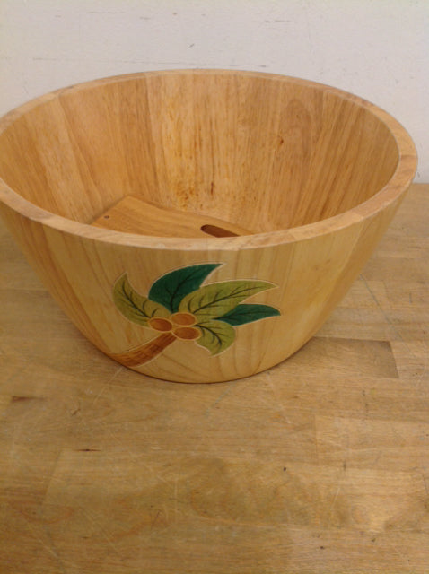 12" Wood Palm Salad Bowl W Servers