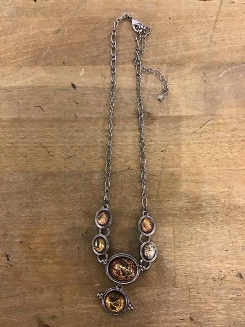 Vintage Pewter W/Faux Amber Necklace