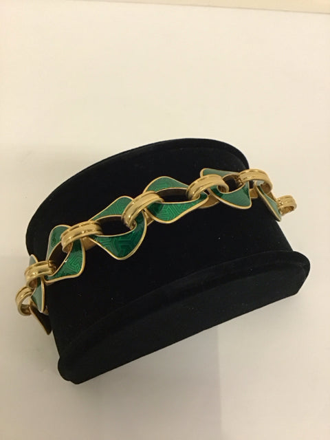 Gold Tone Green Enamel Wide Link Bracelet