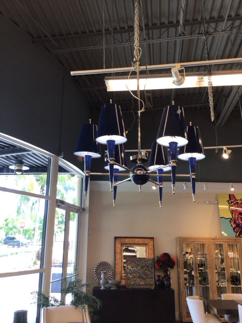 Blue Glass & Chrome Chandelier W/Blue Shades