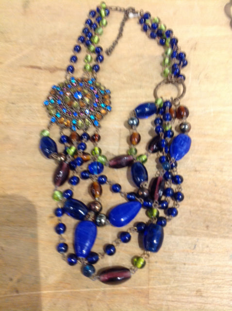 Necklace- Multi Blue Beaded Rhinestone Pendent