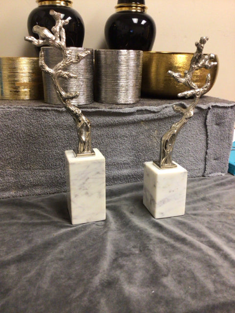 Pair Of Birds In Trees Metal Marble Base Sculptures