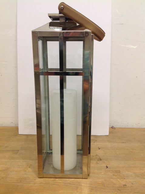 24" Hurricane Glass Lantern Candle Holder w/Leather Handles
