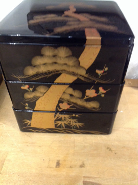 9" Asian Black Lacquer Bonsai Stacking Boxes