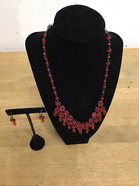 Vintage Earring & Necklace Red Floral Beaded Set
