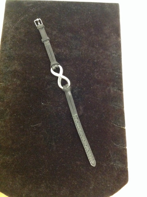 Black Leather Bracelet w/Silver Infinity Charm