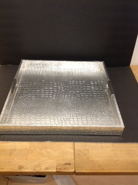 18"Sq Silver Faux Croc Tray w/Metal Handles