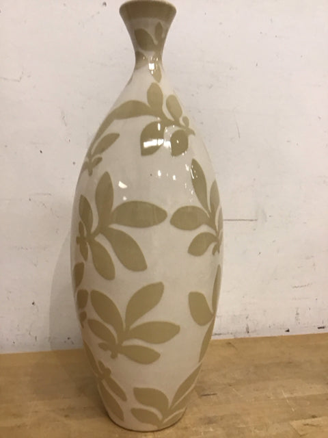 17" Ceramic Beige/Cream Leaf Pattern Vase