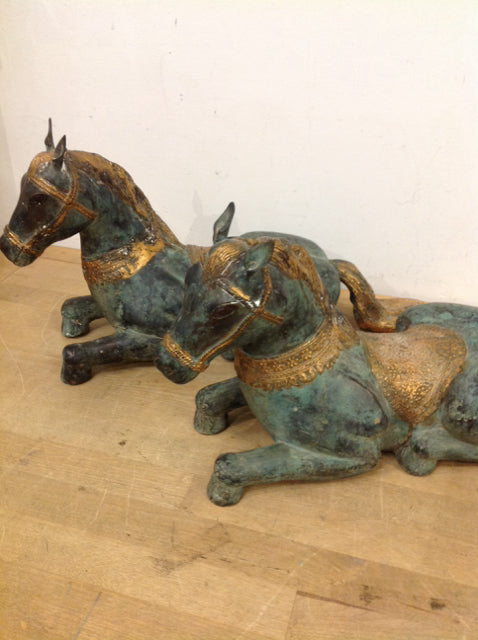16" Pair Of Vintage Cast Green & Gold Horses