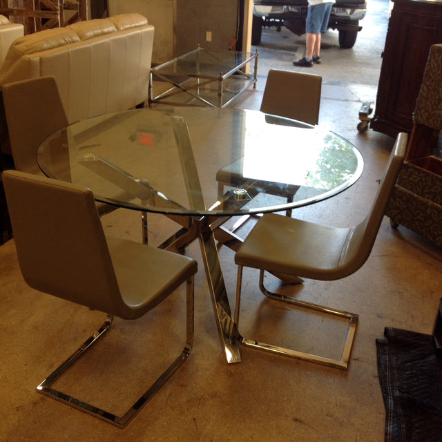 54"  Round Dining Glass Table Chrome Base 4 Chairs