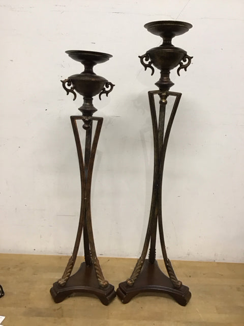 Set Of 2 Burnished Metal Pillar Candle Holders 34"&24"