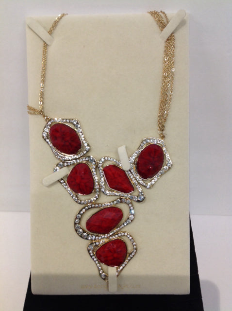 Gold Abstract Red Bead & Rhinestones Necklace