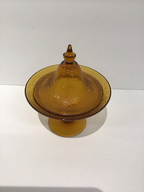 6" Decorative Amber Glass Vase w/Lid & Pedestal