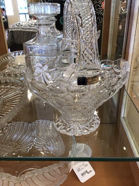 10.5" Vintage Crystal Basket Bowl W/Etched Flowers