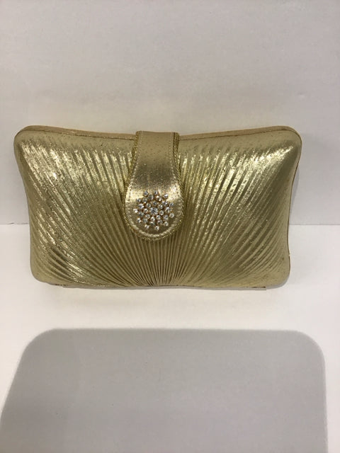 Gold Pleated Evening Clutch w/Rhinestone Brooch