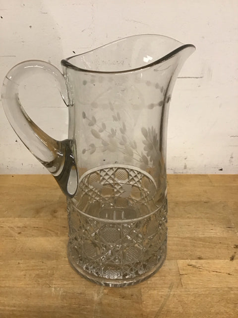 10" Clear Glass Etched Floral & Cut Glass Pitcher