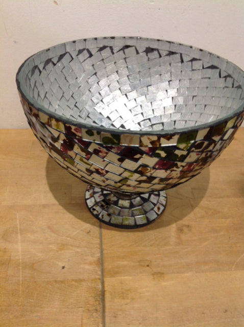 Bowl- 10" Footed Silver Mosiac Glass