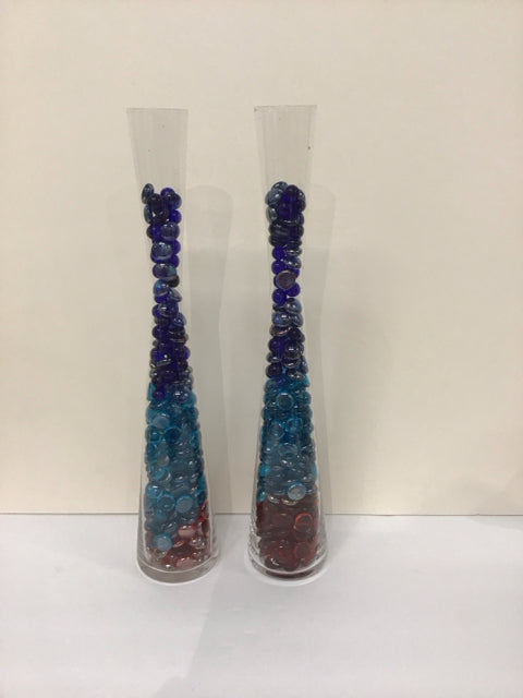 18" Pair Glass Vases w/Multicolored Stones