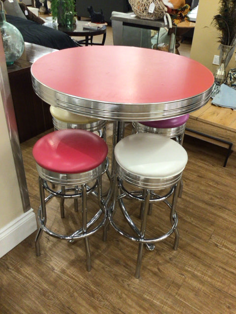 35 3/8" Round Red Top Chrome Accent Hi-Top Table W/4 Stools