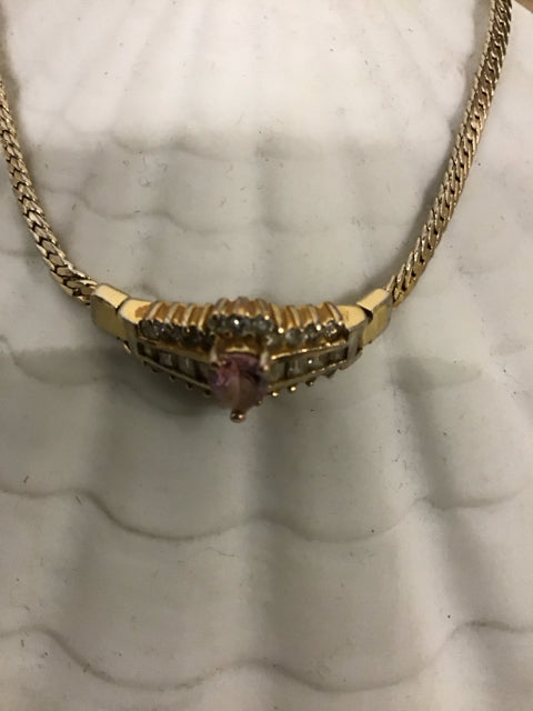 Goldtone W/Rhinestones & Pink Stone Bracelet