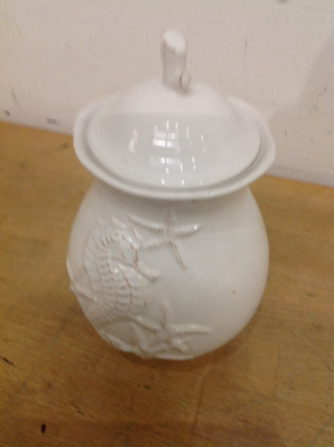 7" White Ceramic Seahorse Jar