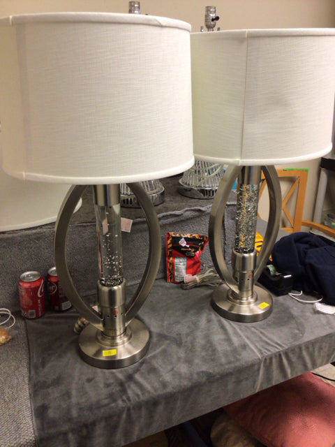 AS-IS Pair Of Chrome Glass Center Table Lamps W/Shades(Middle Loose)