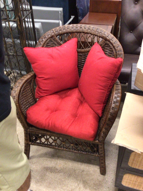 Wicker Arm Chair W/Red Cushions