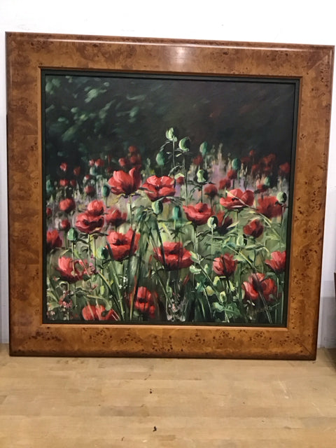 38" Square Red Poppies Framed Art Signed