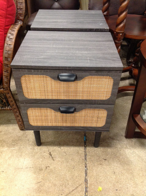 Black Faux Wood Nightstand w/Rattan Drawers
