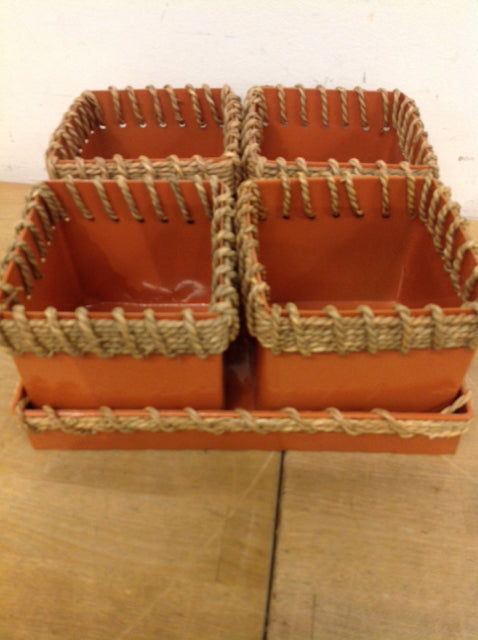 10" Orange Metal & Wicker Utensil Holders