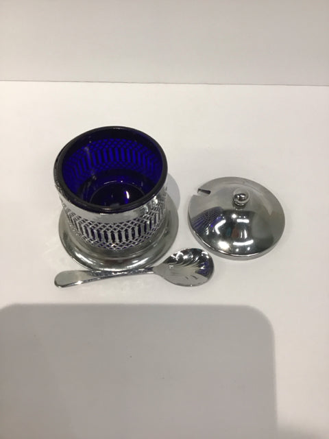 Chrome Plated Sugar Dish w/Cobalt Blue Cup