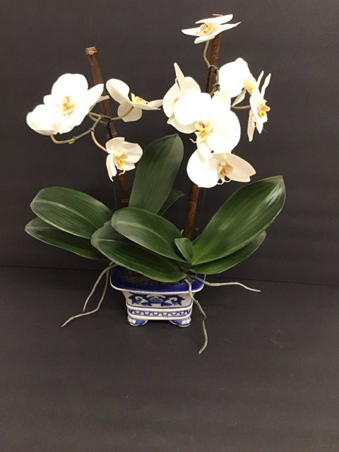 20" Faux Orchids Blue/White Painted Crackle Vase