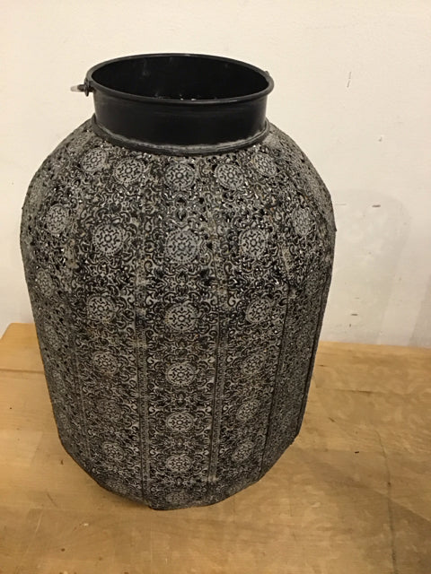 14" Gray & Black Metal Lantern Candle Holder W/Handle
