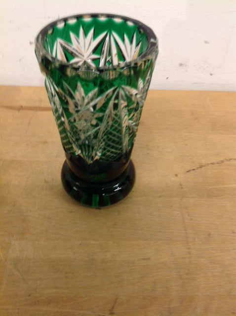 Vase- 5" Green Cut To Clear Crystal