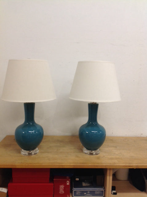 Set of 2 Ethan Allen Teal Glass Lamps