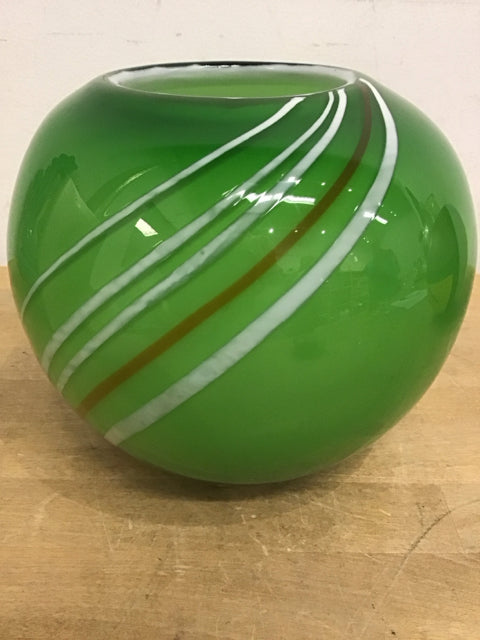 7.5" Green Hand Blown Orb Glass Vase W/Swirl Pattern