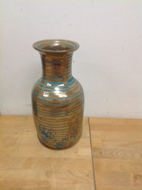 Vase- 12" Gold & Aqua Stripe Ceramic