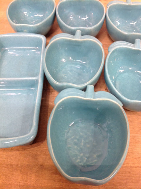 7 Pc Aqua Pottery Redwing Apple Dish Set