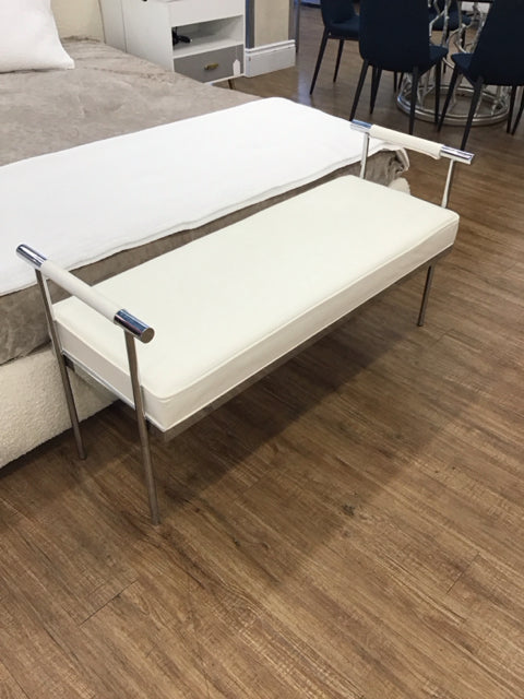 White Leather & Chrome Bench