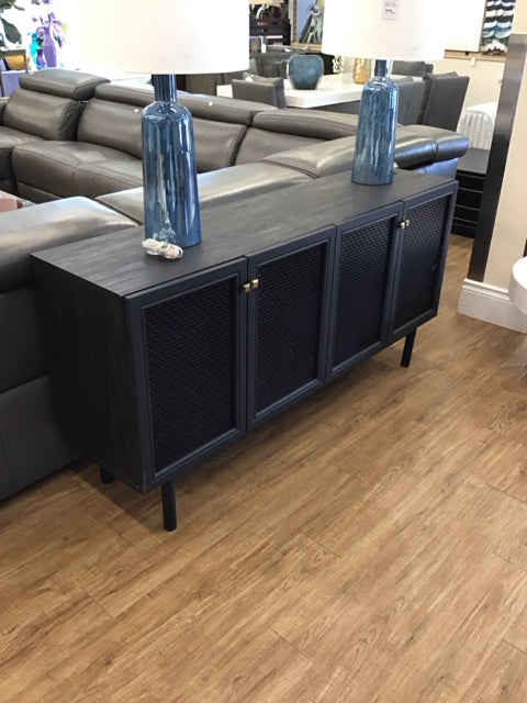 Black Wood Console w/Metal Woven Doors