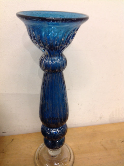 Candle Holder- 16" Footed Blue Art Glass