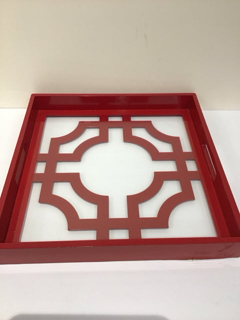 15"Sq Red Lacquer Glass Lined Wood Tray