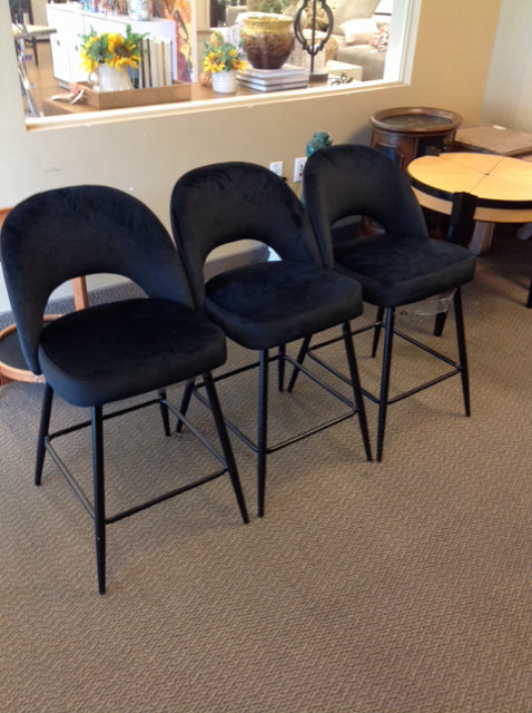 Set/3 Black Upholstered & Metal Cafe Stools