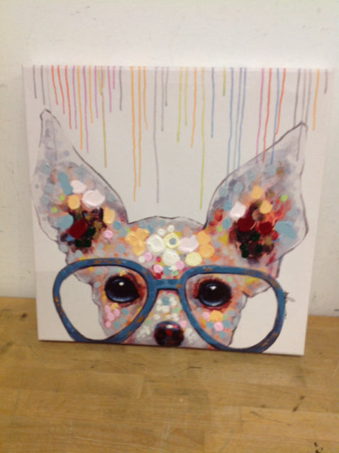 16" Signed Dog W Glasses Canvas