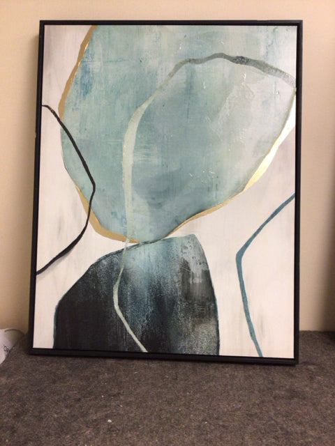 28" X 22" Blue Abstract Black Framed Print On Canvas