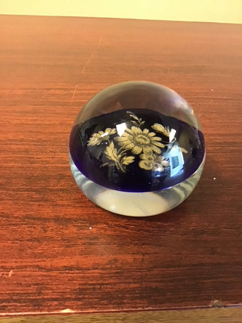 3.5" Blue & Clear Glass W/ Metallic Florals Paperweight