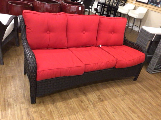 Brown Rattan Slope Arm Outdoor Sofa W/Red Cushions