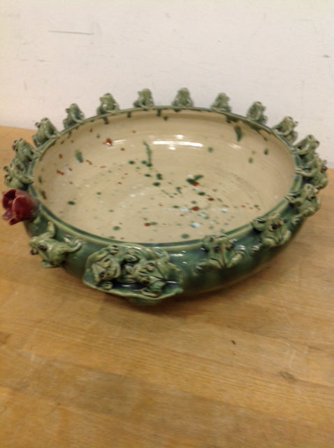 Bowl- 14" Green Ceramic Frog Rose