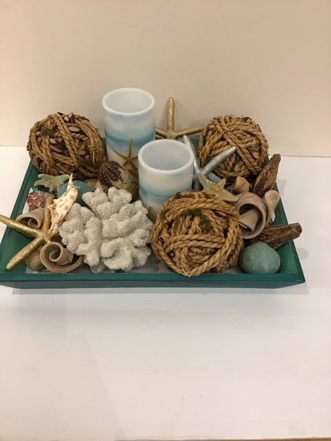 Turquoise Wood Tray w/Sea Life & Candles
