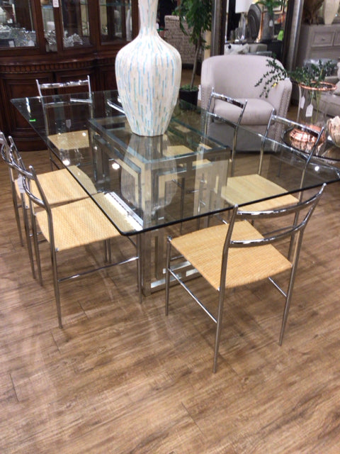 Rectangle Glass Top Chrome Pedestal Dining Table